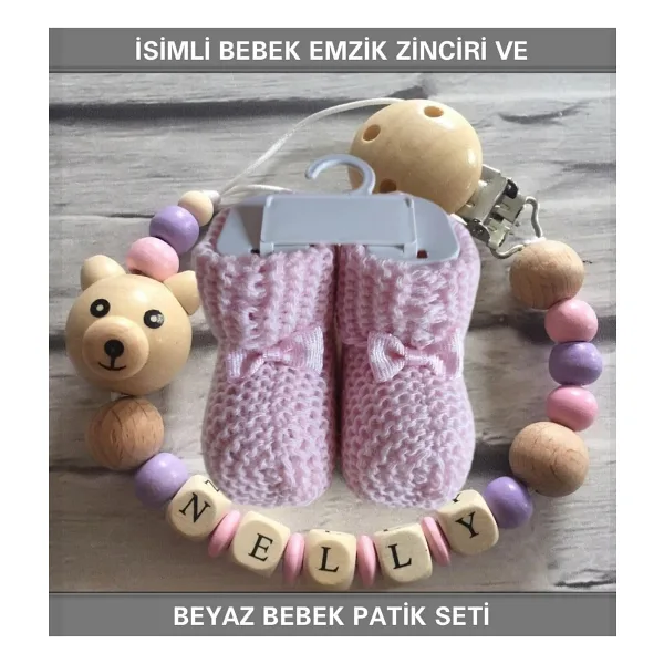 Sahi Aksesuar İsimli Bebek Emzik Zinciri ve Kız Bebek Pembe Patik Seti