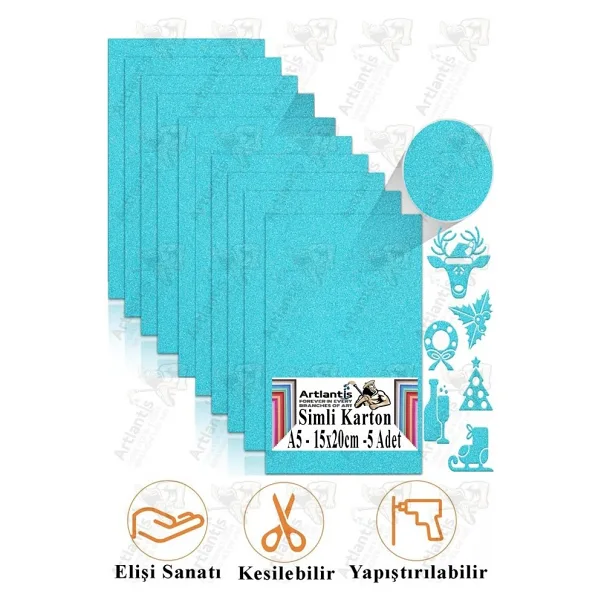 Simli Karton A5 15x20 Cm 5 Li 1 Paket Simli Fon Kartonu Parıltılı Kağıt Anasınıfı Kreş Etkinlik Proje Dekoratif Açık Mavi