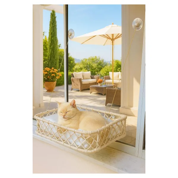 TASARYUM Kedi Köpek Cam Yatağı Vantuzlu Hamak El İşçiliği (krem, bej)