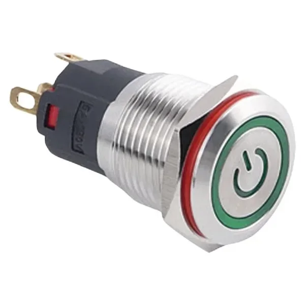 WD16A-P1Z-EC 16mm Düz Anahtarlı Işıklı Power Metal Buton - Yeşil