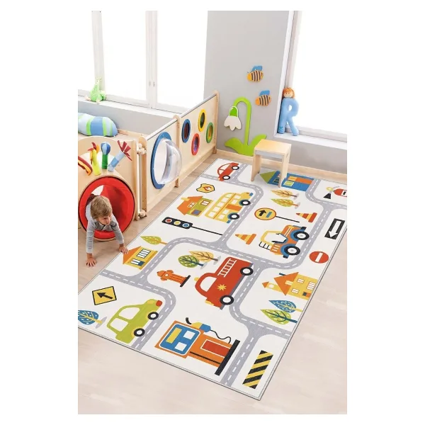 West Home Makinede Yıkanabilir Kaymaz Taban Leke Tutmaz Yol Desenli Halı Bebek Ve Çocuk Halısı Oyun Matı