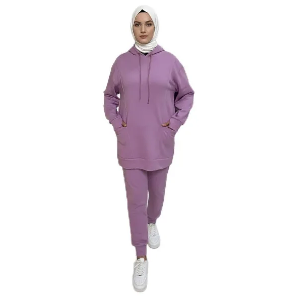 2273_Tesettür Kapüşonlu Eşofman Takımı - 3 İplik, Cepli, Oversize Rahat Kesim, Mevsimlik Spor Takım, 00430 Yeşil, 42