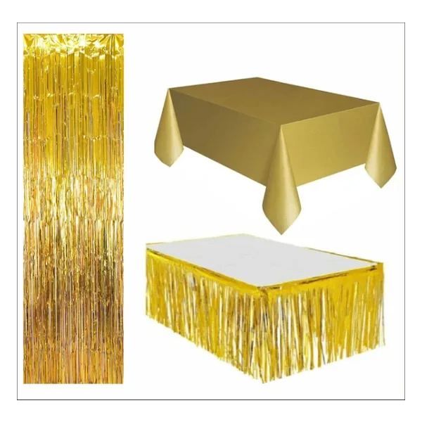 3 Parça Gold Masa Örtüsü, Gold Masa Eteği, Gold Arka Fon