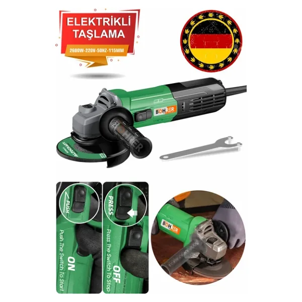 Böhrer 115 mm 2600W Elektrikli Açılı Avuç Taşlama Makinesi, Profil Kesme , Mermer Zımparalama , Demir Kesme