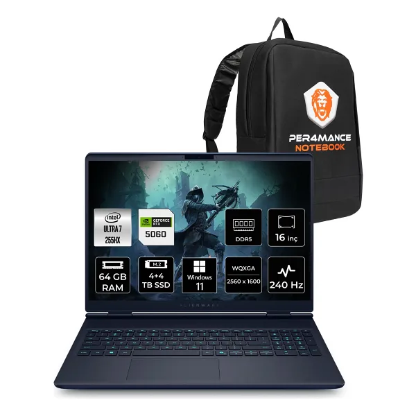 Dell Alienware 16X Aurora Core Ultra 7 255HX RTX 5060 8GB Gaming Laptop 64GB RAM 4TB SSD 16" QHD+ Win11 Pro + Per4 Çanta AC16251CU732156WP462 - 8 TB - 64 GB