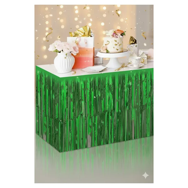 Deniz Party Store Püsküllü Parlak Metalize Yeşil Masa Eteği Kullanat 75X360 Cm (Iki Tarafı Renklidir.)