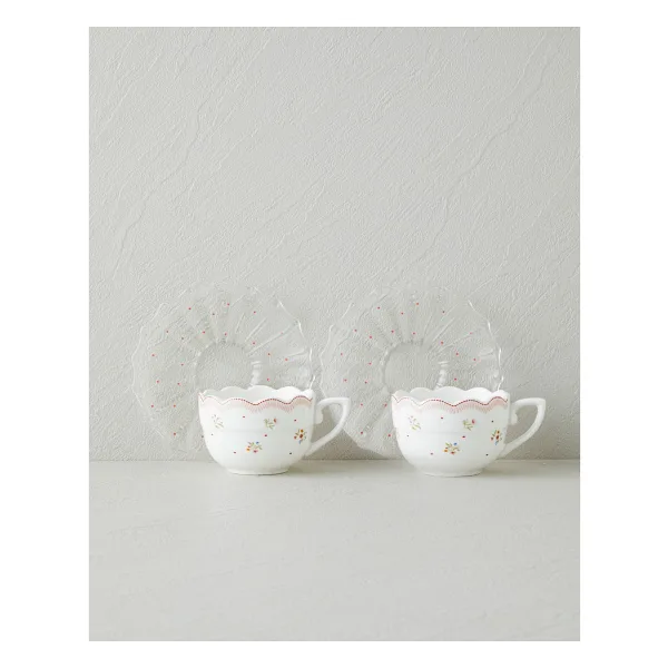 English Home Daisy Days New Bone China 4 Parça 2 Kişilik Cam Tabaklı Kahve Fincan Takımı 80 ml Pembe - Yeşil