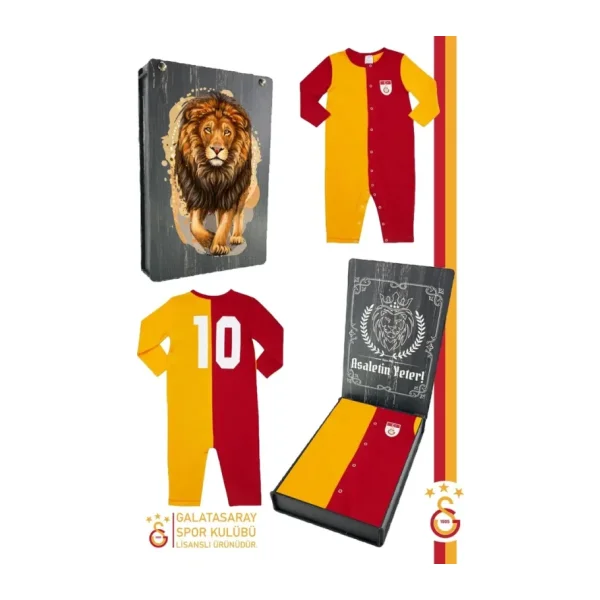Galatasaray Orijinal Lisanslı Uzun Kol Bebek Tulum Aslan Baskılı Ahşap Kutulu