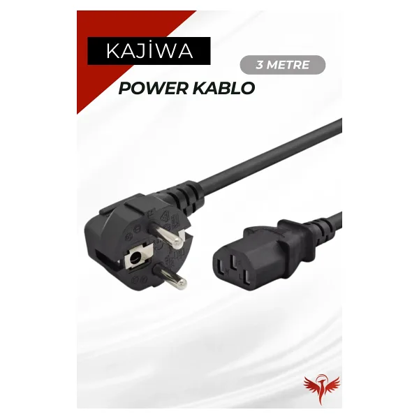 KAJİWA 3 Metre C13 Power Kablo - Bilgisayar Kasa Monitör PC Güç Kablosu 3x1mm 10A-16A 250V 500W 3mt