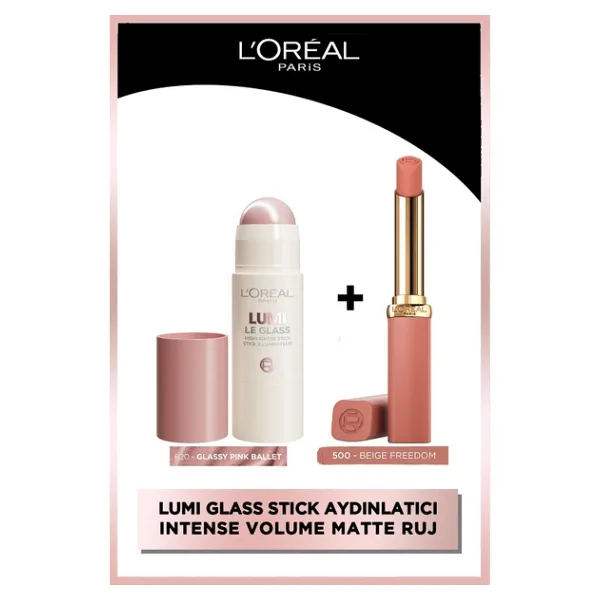 L'Oreal Paris L'oreal Paris Lumi Glass Stick Aydınlatıcı 620 Glassy Pink Ballet + L'oreal Matte Ruj 500 Beige Freedom