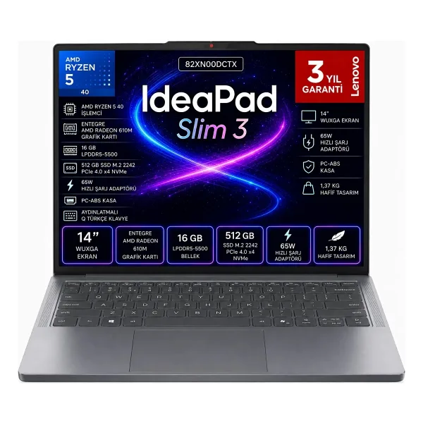 Lenovo IdeaPad Slim 3 14AMN8 Ryzen 5 40 16 GB 512 GB SSD Radeon 610M 14" Full HD Notebook