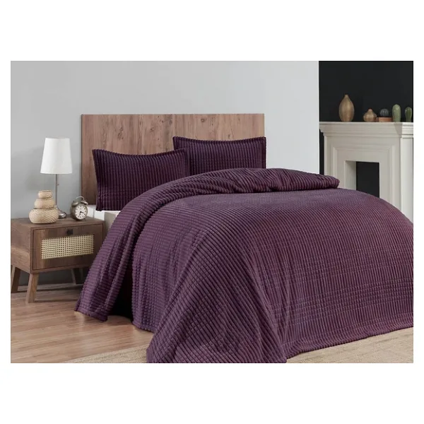 Merinos Modern Line 3 Parça Çift Kişilik Battaniye Seti Kutulu 220X240 Mürdüm