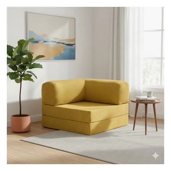 MONAMI Dechome Çok Amaçlı Yer Yatağı ve Köşe Koltuk Seti 100X100 cm Puf Koltuk - Yatak Kadife Kumaş demirli - Hardal