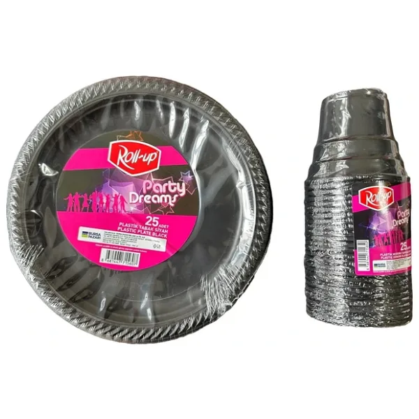 Ofis Catering Piknik Davet Doğum Günü Omeyva Sofra Seti - 25 Kişilik Siyah Tabak Bardak Takımı