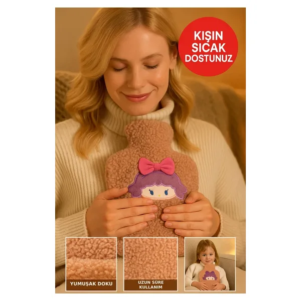 TOYFEST Kahverengi Peluş Sıcak Su Torbası - Yumuşak, Güvenli ve Şık Saçlı Kız Model, 1 Litre