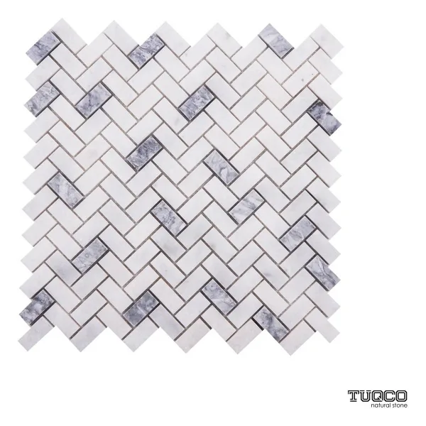 Tuqco Doğaltaş Fileli Herringbone Muğla Beyazı - Gümüş Honlu Mermer Mozaik