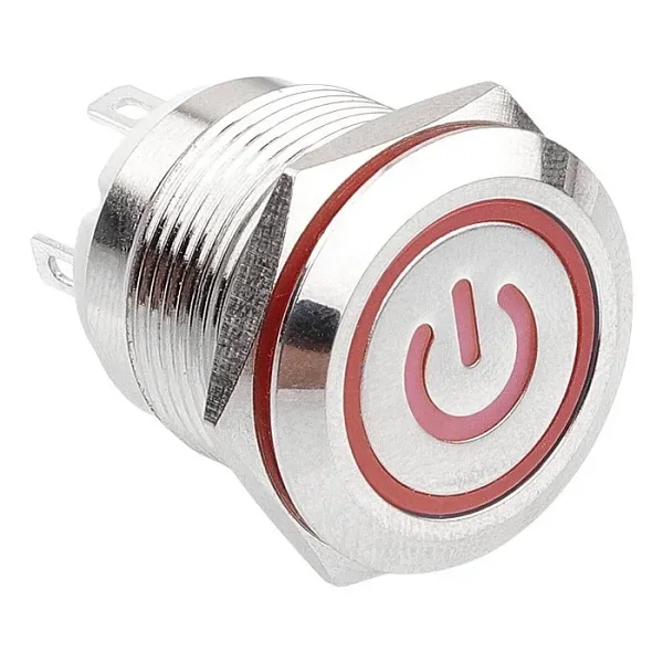WD19H-P1-EC 19mm Düz Yaylı Işıklı Power Metal Buton - Kırmızı