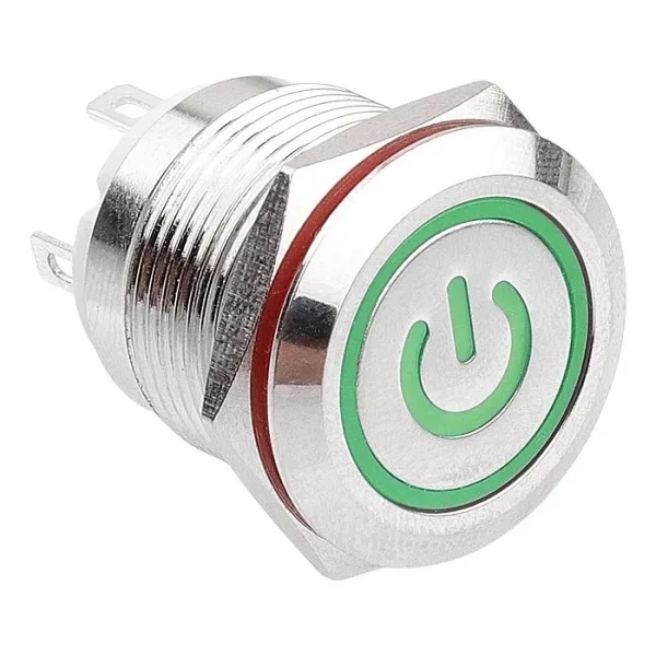 WD19H-P1-EC 19mm Düz Yaylı Işıklı Power Metal Buton - Yeşil