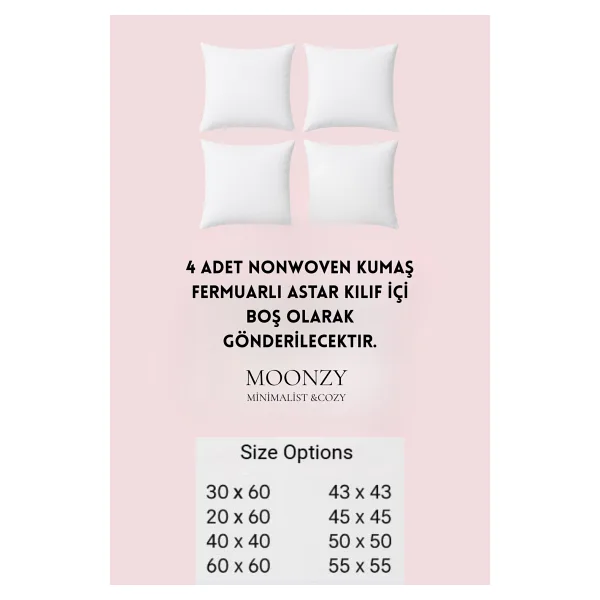 White Guard Fermuarlı Kırlent Iç Astarı , 4 Lü Pakette , 8 Farklı Ebat Seçeneği - Beyaz - 55 x 55