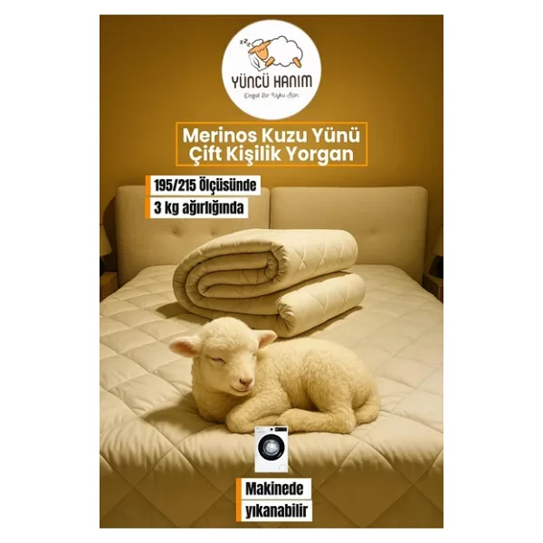 Yüncü Hanım Çift Kişilik Merinos Kuzu Yünü Yorgan (%100 SAF MERİNOS KUZU YÜNÜ) 195 X 215 Cm Ebat, 3000 gram