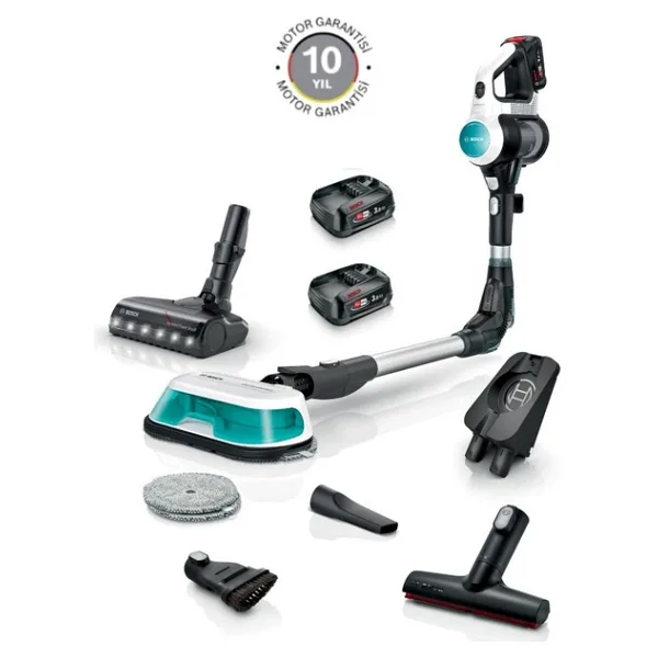 Bosch Islak Kuru Kullanım Döner Paspaslı Çift Bataryalı 2'si 1 arada Süpürme ve Silme Unlimited 7 ProHygienic Aqua Beyaz 80dk Çalışma Süresi 10YIL Motor Garantili - Siyah - Gri