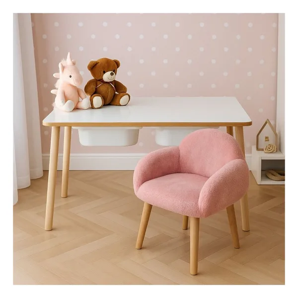 Bounteous Ahşap Çocuk Masa Berjer Sandalye Takımı Pembe Renk Modern Tasarım Ergonomik Kullanım