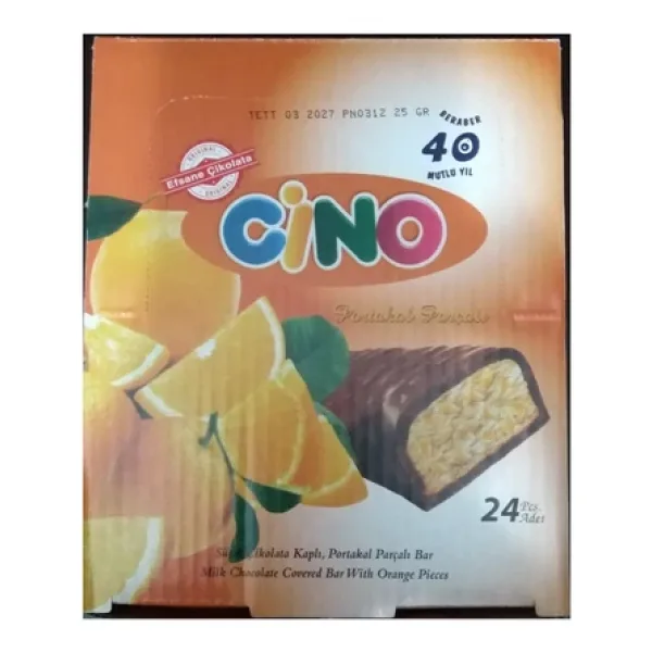 Cino Sütlü Çikolata Kaplı Portakal Parçalı Bar / 25 Gram X 24 Adet