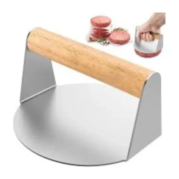 Devmeer Yuvarlak Smash Burger Presi,16 CM,3 MM 304 Paslanmaz Çelik Burger Presi, Ahşap Saplı