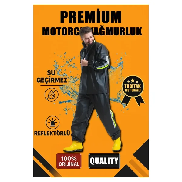 Erkek Premium Motorcu Kurye Yağmurluk Takım Su Geçirmez PVC Kumaş Reflektörlü - Siyah