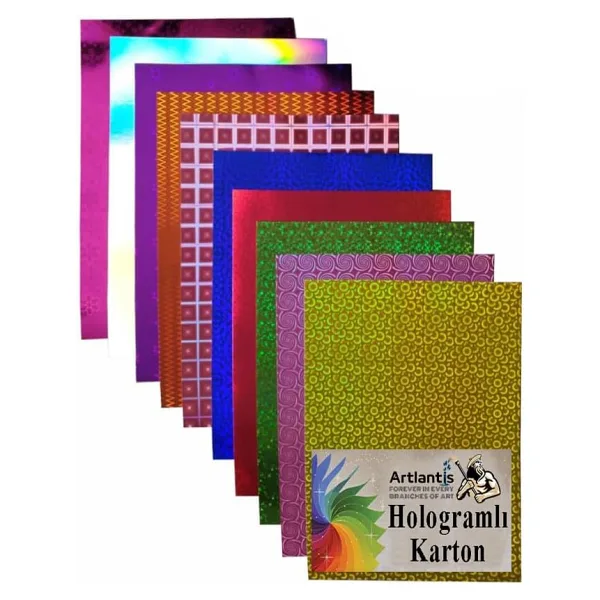 Hologramlı Karton 35X50 Cm 10 Renk 1 Paket Hulogramlı Fon Kartonu Kağıt Yanar Döner Parlak Hologram Okul Öncesi Kreş