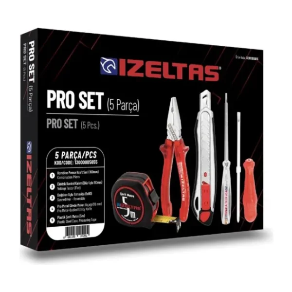 İzeltaş 5'li Pro Set 5 Parça Kraft Pense 160 MM + Kontrol Kalemi + Tornavida + Maket Bıçağı + Şerit Metre