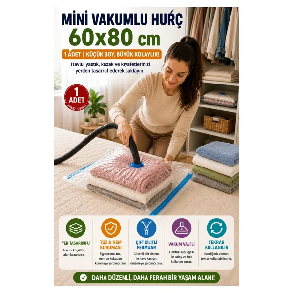 Mini Boy Vakumlu Hurç 60X80 Cm 1 Adet Vakum Poşeti Çift Kilitli Saklama Torbası Şeffaf Düzenleyici