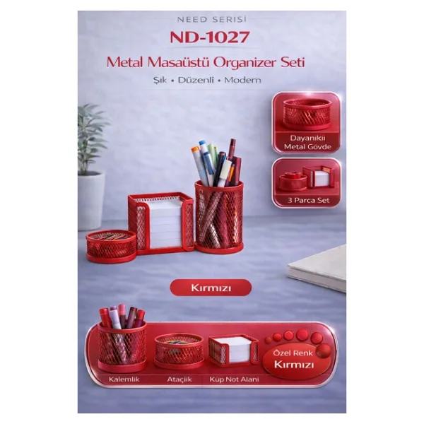 Need ND-1027 Masaüstü 3'lü Kırmızı Kalemlik Seti