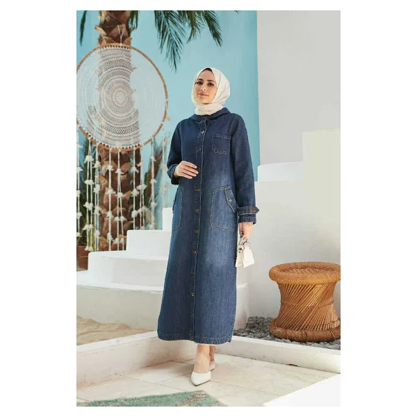 Neways 6329-Battal Denim Kapşonlu kap Koyu Mavi
