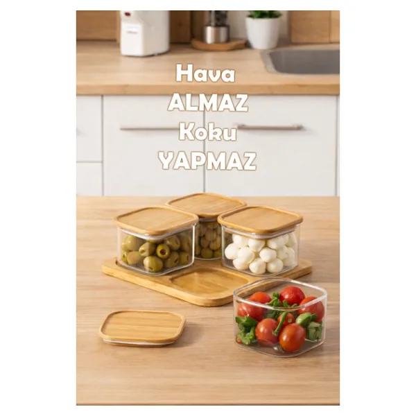 Porsima Kare 4lü Hava Geçirmez Bambu Standlı Cam Kahvaltılık Seti Bambu Kapaklı Saklama Kabı 250ML