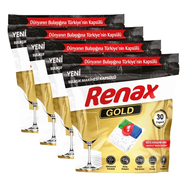 Renax Gold Bulaşık Makinesi Kapsülü Hepsi Bir Arada 30 adet x 4 Paket 120 Li
