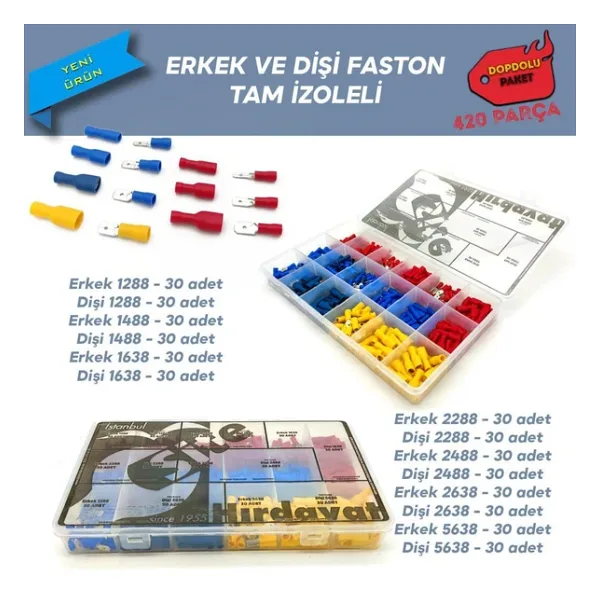 Tam İzoleli Faston Terminal Seti, Dopdolu Paket 420 Parça