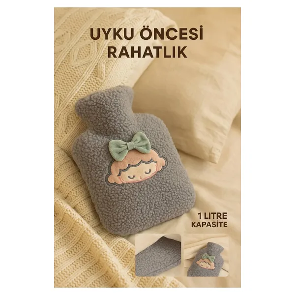 TOYFEST Gri Peluş Sıcak Su Torbası - Yumuşak, Güvenli ve Şık Saçlı Kız Model, 1 Litre
