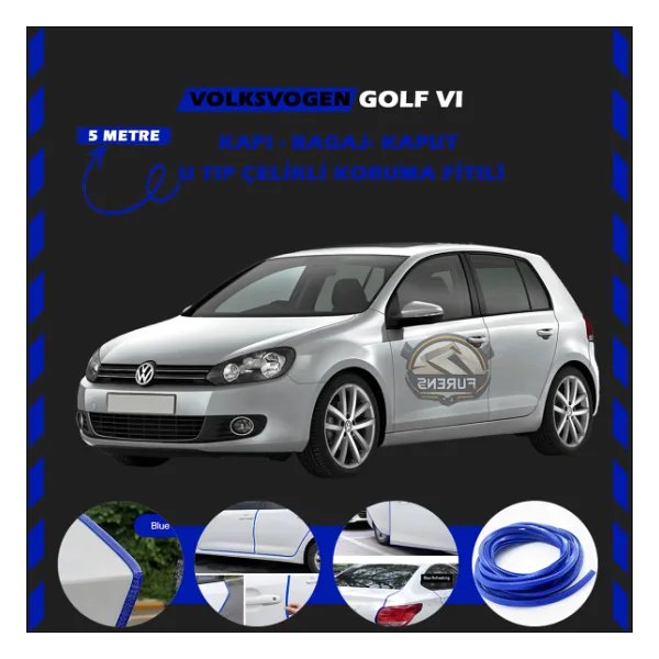 Volksvogen Golf 6 Oto Araç Kapı Koruma Fitili 5metre Parlak Mavi Renk