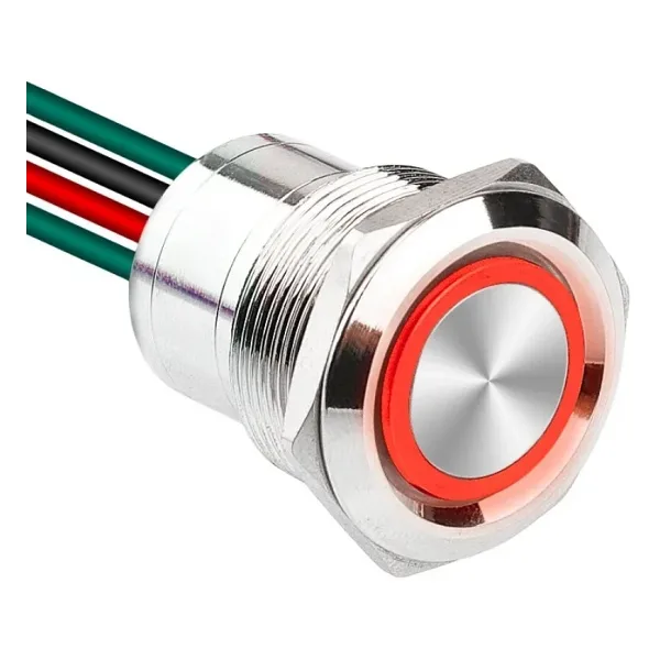 WD22D1-P2-E 22mm Düz Yaylı Işıklı Kablolu Metal Buton - Kırmızı