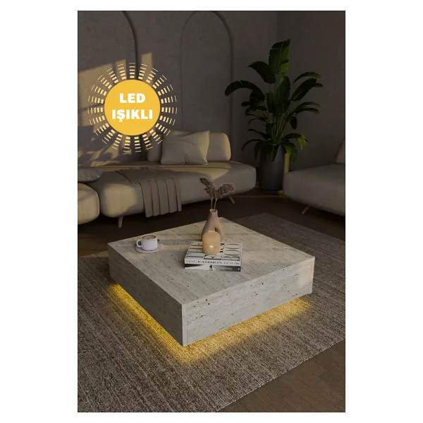 webotto 8 Nisay Led Işıklı Kare Orta Sehpa Uçan Yeni Nesil Modern Küp Sehpa Traverten Mermer Desen