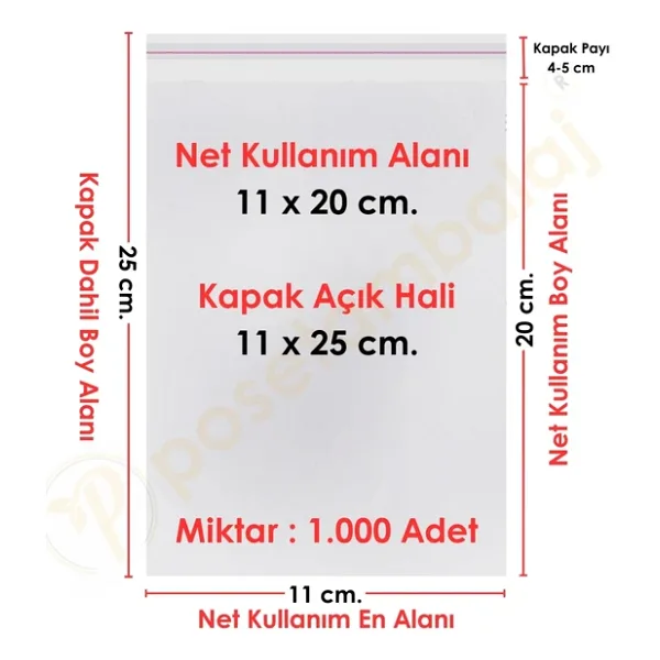 11X20+5 Cm. (11X25) 1.000 Adet Şeffaf Bantlı Yapışkanlı Jelatin Poşet