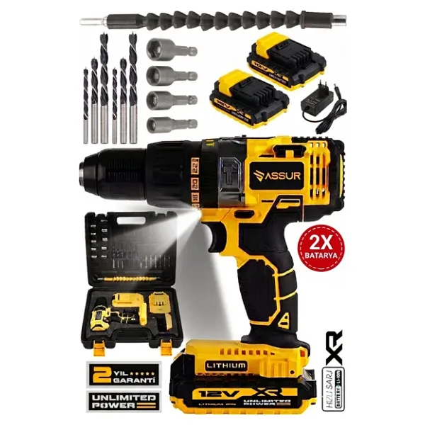 Assur 12V Metal Şanzıman Çift Akülü Şarjlı Darbeli Matkap 24 Parça Akülü Vidalama