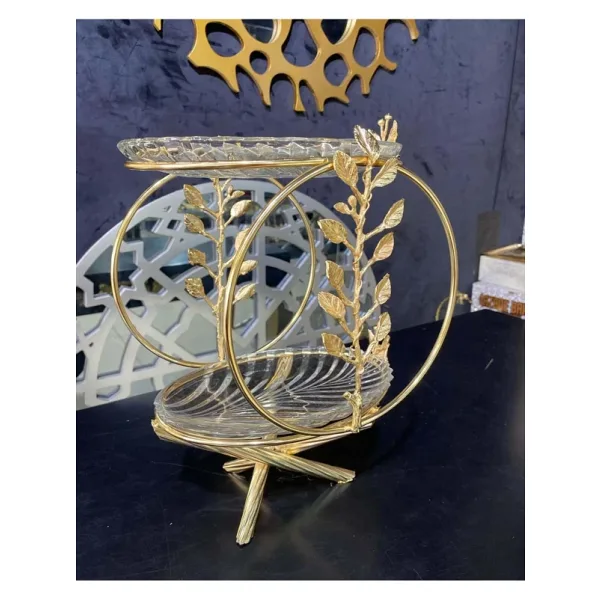 Azade Home Gold Pirinç Yaprak Dünya İki Katlı Cam Sunumluk