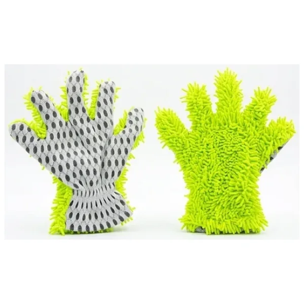 Çift Taraflı Mikrofiber Şönil Tüylü 5 Parmaklı Araba Oto Yıkama Temizlik Eldiveni Yeşil Beyaz