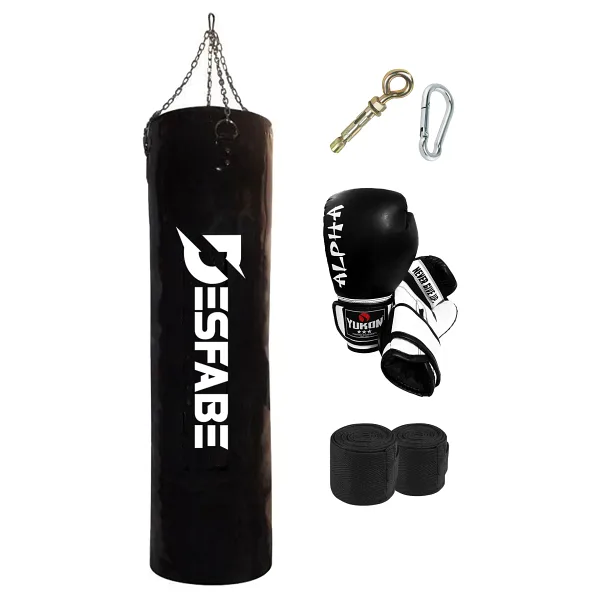 Desfabe Boxing Star 120x32 Cm Zincirli Boks Kum Torbası Siyah+Askı Aparatı+Boks Eldiveni+El Bandajı
