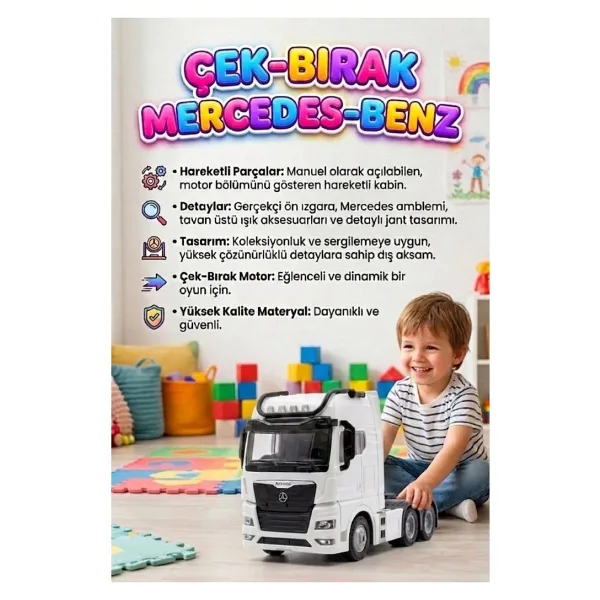 Farbu Oyuncak Mercedes Actroc Çek-Bırak Mekanizmalı Metal Gerçekçi Tasarımlı Devrilebilir Kabinli Oyuncak Tır - Beyaz
