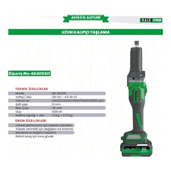 HAIS Haıspro Uzun Kalıpçı Taşlama 21V DC-4.0AH RB-ZM06A