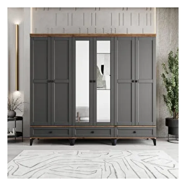 Monzıo Silva 6 Kapaklı Çekmeceli Gardırop Tamamı Mdf (Antrasit)