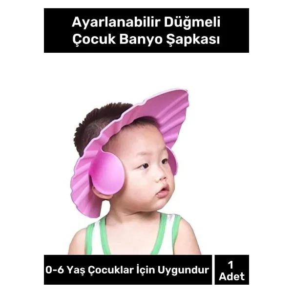 Pastimore Bebek Banyo Şapkası Duş Başlığı Ayarlanabilir Düğmeli Çocuk Küvet Göze Su Kaçırmayan Pembe Şapka